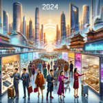 A futuristic illustration representing the 2024 market outlook for China’s luxury industry. The image features a bustling, modern Chinese cityscape in