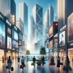A futuristic cityscape in 2030, showcasing a bustling luxury shopping district in China. The streets are lined with high-end stores, displaying promin