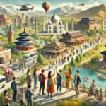 DALL·E 2024-07-16 10.44.41 – A group of Chinese tourists exploring niche destinations along the New Silk Road, surrounded by diverse landscapes and landmarks from various countrie