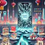 Douyin se heurte à un mur. Voici comment s'imposer sur le marché chinois du commerce électronique A conceptual editorial illustration about China’s e-commerce landscape. In the center, a cracked glowing wall shaped like a smartphone screen labeled
