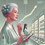 Pourquoi le marché chinois des produits de beauté pour les seniors prend enfin son essor A sophisticated editorial illustration about the rise of China’s “silver beauty” market. Scene shows elegant older Chinese consumers (men and women, 6